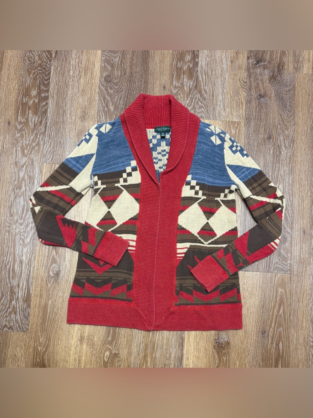 Ralph Lauren Red Multicolor Geometric Shawl Collar Cardigan
